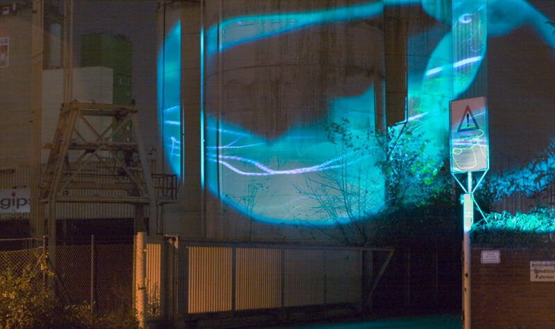 projection at an industrial area, Düsseldorf harbour 2012